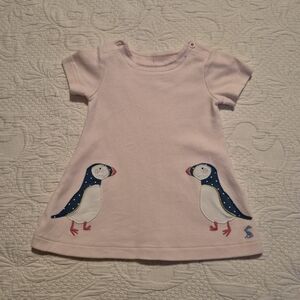 Joules pink 6-9 months puffin applique dress 2 collar buttons EUC